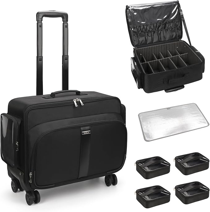 Large Rolling Makeup Case，Professional Makeup Artist Bag with 4 Small Bag Makeup Case, Adjustable Dividers, Portable Travel Supply Station for Cosmetics Storage Organizer Trolley Suitcase Makeup Cart by OrganizeYourMakeup