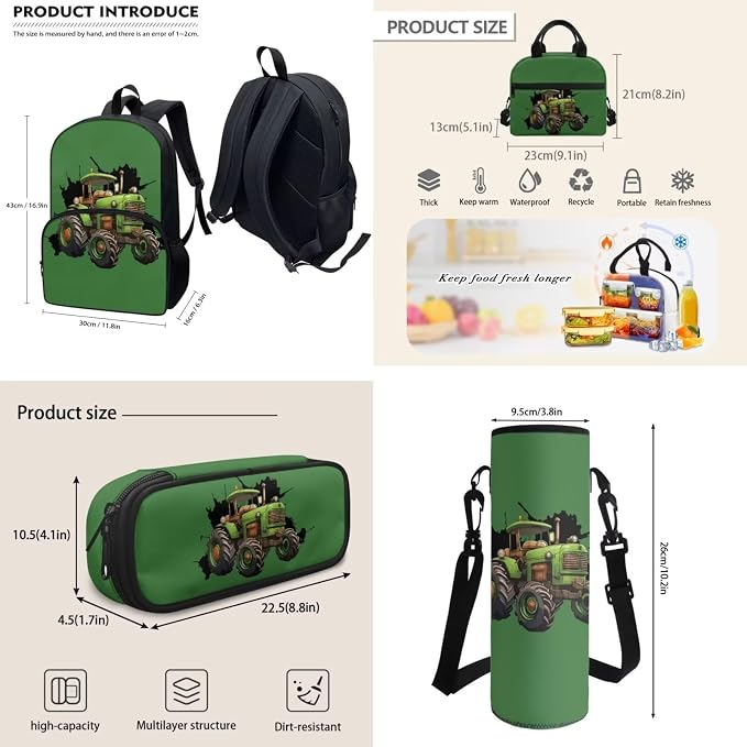 Farm Tractor Backpack for Kids Cartoon Tractor School Bag Set with Large Pencil Holder Pouch Crossbody Water Bottle Holder Bag Insulated Lunch Box Student Back to School Gift - Image 3