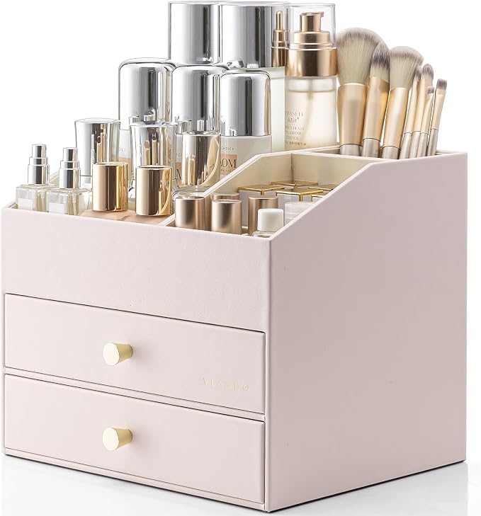 VLANDO Makeup Organizer,Skincare Organizer for Vanity，PU Leather Make up Organizer with Drawers Cosmetic Display Case for Countertop,Perfume,Gifts Ideas for Women (Apricot White) by VLANDO