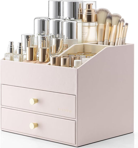 VLANDO Makeup Organizer,Skincare Organizer for Vanity，PU Leather Make up Organizer with Drawers Cosmetic Display Case for Countertop,Perfume,Gifts Ideas for Women (Apricot White) by VLANDO