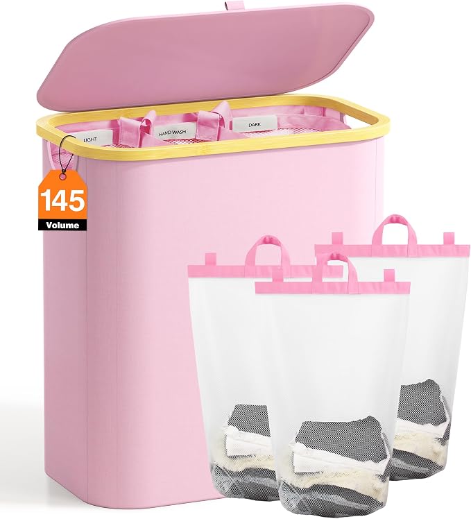 Hampers for Laundry Basket with Lid, 145L Large Laundry Hamper 3 Section | Dirty Clothes Hamper Separator with 3 Removable Bags & 5 Labels, Divided Laundry Organizer for Bedroom, Laundry Room, Pink by Bathola