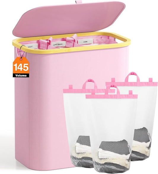 Hampers for Laundry Basket with Lid, 145L Large Laundry Hamper 3 Section | Dirty Clothes Hamper Separator with 3 Removable Bags & 5 Labels, Divided Laundry Organizer for Bedroom, Laundry Room, Pink by Bathola