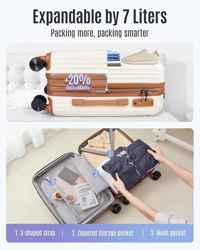 LIGHT FLIGHT 3-Piece Luggage Sets, Expandable Carry On Luggage 22x14x9 Airline Approved, Hardside Carry On Suitcases with Wheels, TSA Lock Travel Luggage Sets, Beige and Brown - Image 4