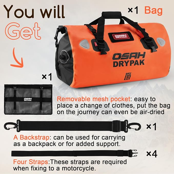 OSAH DRYPAK Waterproof Duffel Bag - Motorcycle Dry Bag Tail Bag with Large Storage Space, Waterproof Luggage Duffle Bags with Outer Mesh Zipper Pocket for Camping, Kayaking, Fishing & Traveling - Image 7
