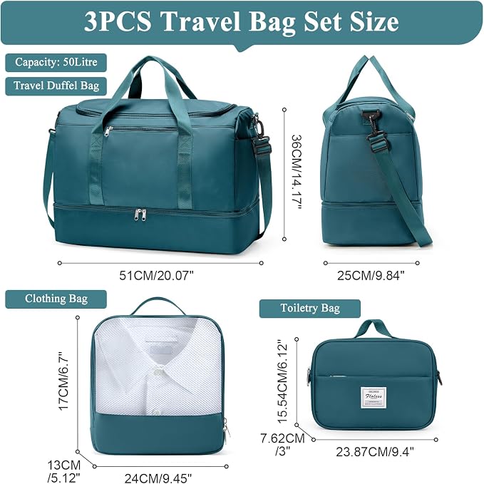 Extra Large Travel Duffle Bag, Carry-On Weekender Bags for Women Travel | Overnight Weekend Bag with Shoes Compartment for Travel Business Trips Sport Hospital,3 Pcs Set,Peacock Blue - Image 4