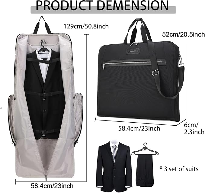 BESMART Garment Bags for Travel, 51" Large Suit Bag for Business Trips | Waterproof,Hangs 3 Suits,Foldable,Wrinkle Free Spacious Luggage Suit Cover,Adjustable Strap,Carry On Flight Approved,Black - Image 4