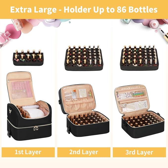 Nail Polish Organizer & Tattoo Travel Case - 3-Layer Nail Organizers and Storage Bag Holds 86-100+ Bottles, Portable Nail Supplies Organizer, Nail Tech Kit Box, Multi-Functional Cosmetic Case - Image 3