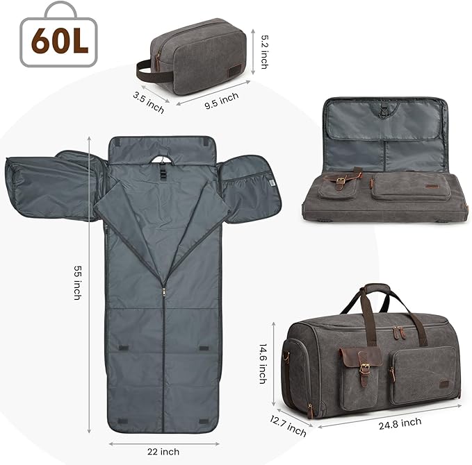 S-ZONE Garment Bags for Travel Canvas Duffle Bags for Men Hanging Suitcase | Individual Toiletry Bag, Multi-Pockets, Carry-on Size, Trolley Sleeve, for Gym or Business - Image 3