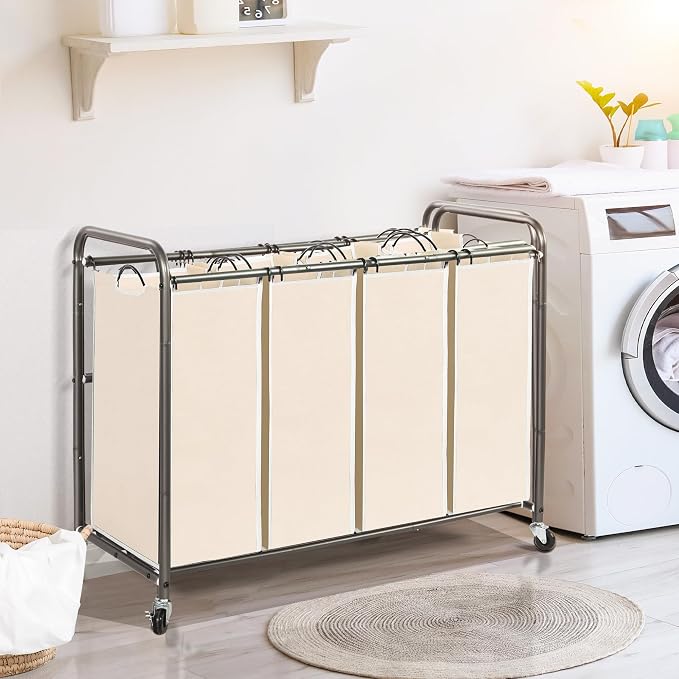 STO STO Laundry Sorter 4 Section, 4 Bag Clothes Hamper, Rolling Laundry Cart Basket with Heavy Duty Lockable Wheels and Removable Bag for Laundry Room, Bedroom, Closet, Beige - Image 7