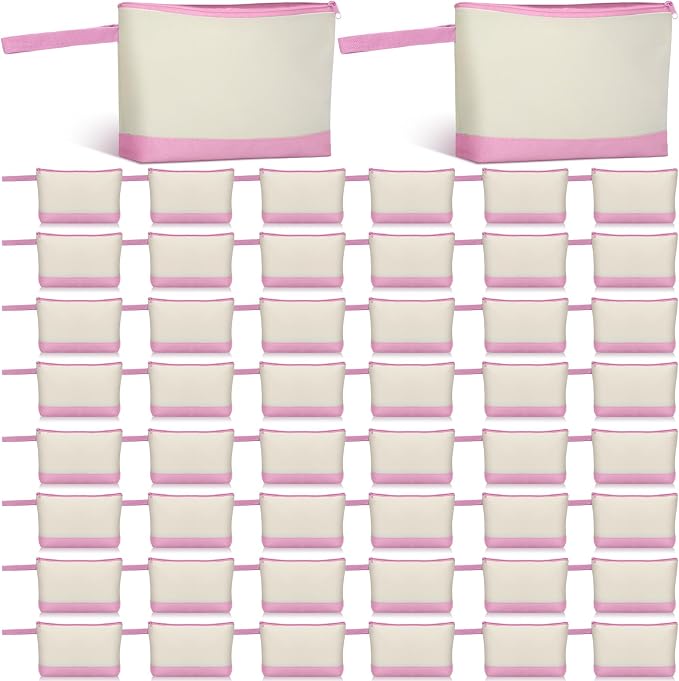 Silkfly 48 Pcs Cotton Canvas Makeup Bags Cosmetic Zipper Bags 10.2 x 5.5 x 2'' Blank DIY Pouch Bulk Pencil Case with Bottom Travel Toiletry Pouch for Women Craft Decor Gift (Beige and Pink) by Silkfly