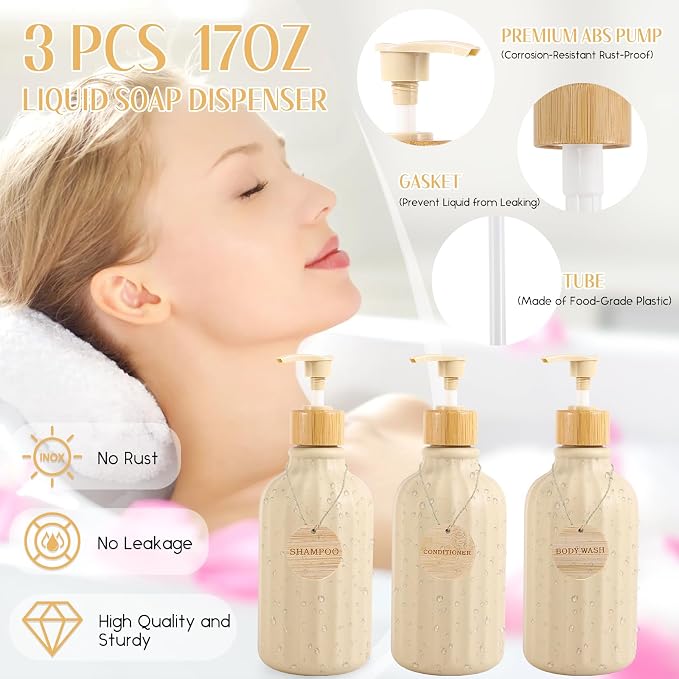 Bathroom Set 17PCS Beige Bathroom Accessories Set Bathroom Sets with Trash Can 3PCS Lotion Soap Dispenser, Toothbrush Holder,6PCS Wood Tags Bathroom Accessories for Kitchen Bathroom - Image 2
