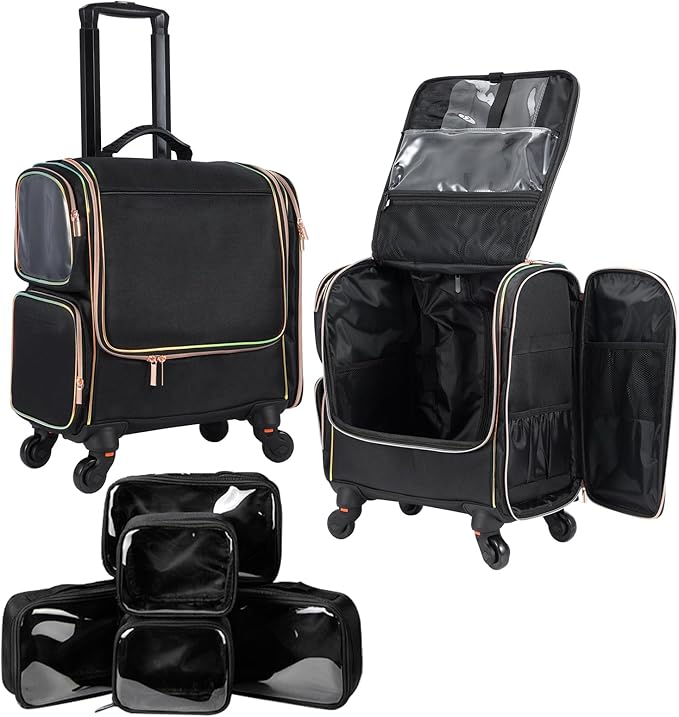 Stagiant Rolling Makeup Train Case, Professional Makeup Case, Travel Cosmetic Organizer Make Up Storage Bag for Makeup Artist, Hairstylist, Barbers, with 5 Toiletry Bags, Black by Stagiant