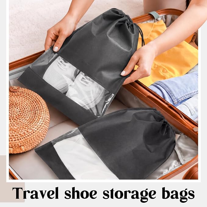 Shappy 50 Pcs Dark Grey Travel Shoe Bags Non Woven Packing Drawstring Sacks Clear Window Large Storage Pouch Organizer for Men Women - Image 5