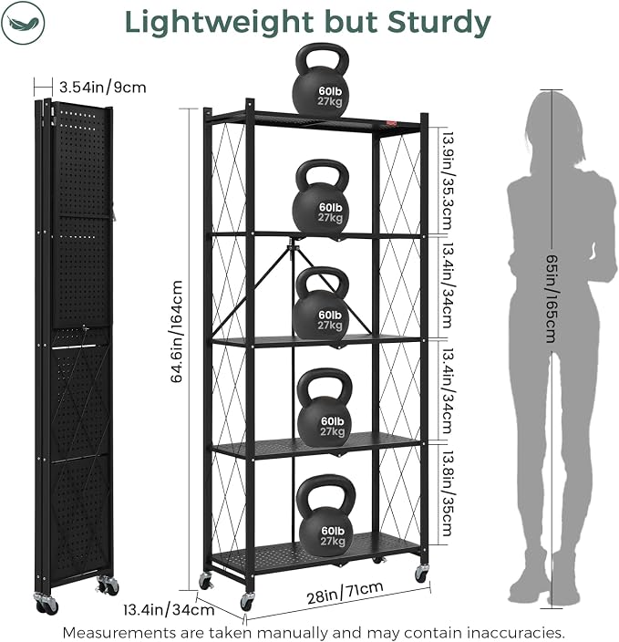 DEANIC 5 Tier Foldable Storage Shelves with Wheels, Large Capacity Shelving Unit, Freestanding Metal Wire Shelf Rack, No Assembly Organizer Rack for Garage Kitchen, Basement, Pantry,Black,3 Pack - Image 2