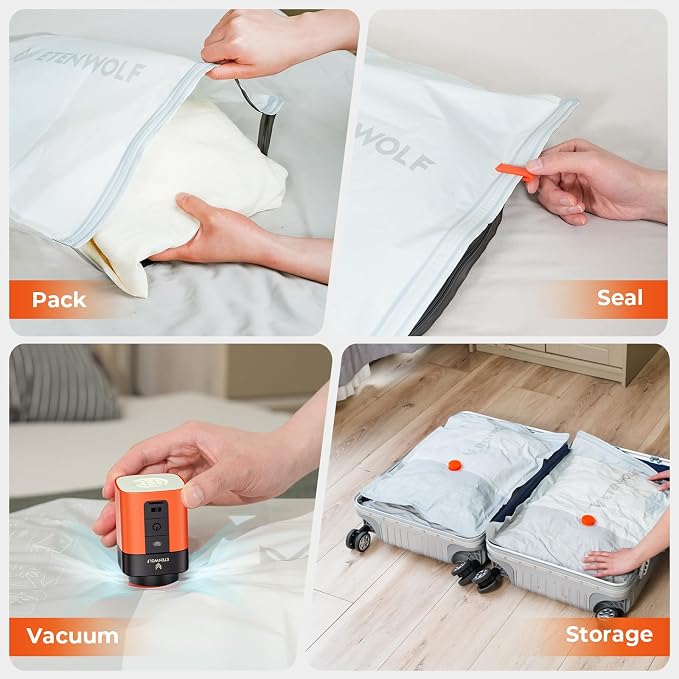 ETENWOLF 20 Pack Vacuum Seal Bags for Clothing with Rechargeable Wireless Pump,Travel Vacuum Storage Bags for Luggage and Suitcase Space Saver Compression Bags in 4 Carry-On Sizes (20/22/24/28Inch) - Image 7