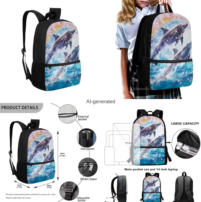 Dolphin Backpack and Lunch Box Set Boys Toddler Fashion Hot Water Bottle Cover and Pencil Case Large Capacity Lunch Box Insulated Kids for Secondary Schools - Image 3
