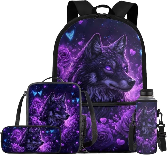 Black Wolf Girls Backpack with Lunch Box Large Capacity Kids Bookbag with Pencil Case Adjustable Lightweight School Bag for Kindergarten, Elementary & Middle School by Bivxisrvo