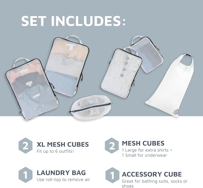 Large Packing Cube Set with See Through Mesh- Compression Packing Cubes Travel Organizers by TRIPPED Travel Gear (White) - Image 2