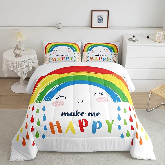 Erosebridal Rainbow Comforter Set Twin Size, Cartoon White Colorful Rainbow Bedding Set for Kids Girls Boys Children, Kawaii Quilted Comforter Ultra Soft Decorative 2 Piece with 1 Pillow Case - Image 2