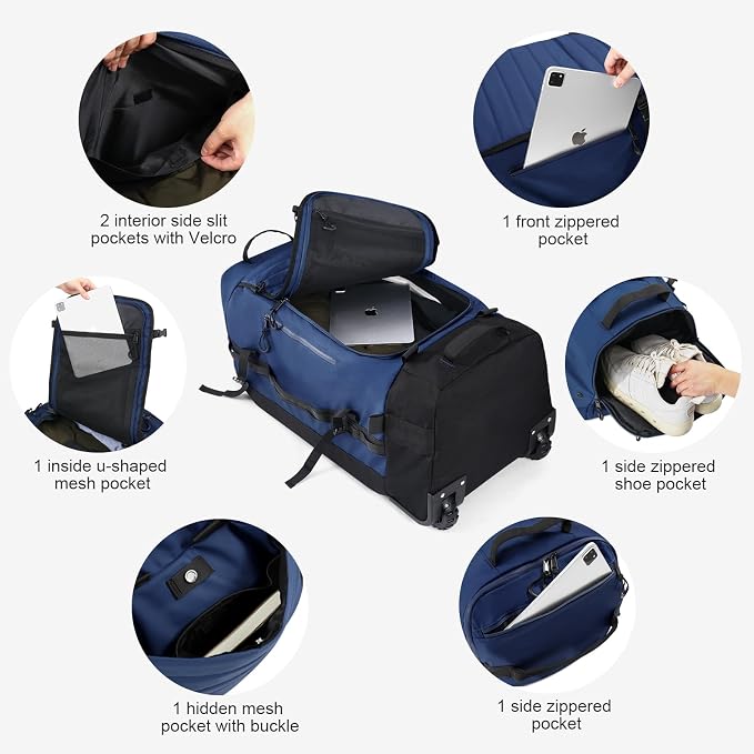 Vomgomfom 86L Foldable Duffle Bag with Wheels - Waterproof Rolling Travel Bag, Collapsible Luggage No Telescopic Handle, for Men Women Camping Sports Weekend Trips，Navy - Image 6