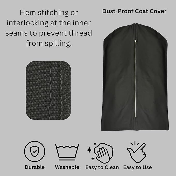 Premium 100% Cotton Garment Bags – 60" Black Canvas Suit Cover with YKK Zipper – Breathable, Dust-Proof Storage for Suits, Coats, Dresses, Jackets & Travel/Closet Use - Image 4