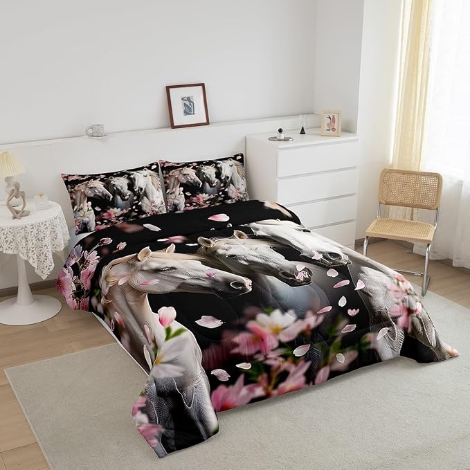 Erosebridal Kids Horse Bedding Set Chic Cherry Blossom Bedding Comforter Set for Girls Teens Galloping Horse Printed Comforter 3D Wild Animal Duvet Set Bedroom Decor Quilt Set 2Pcs Twin Size - Image 3