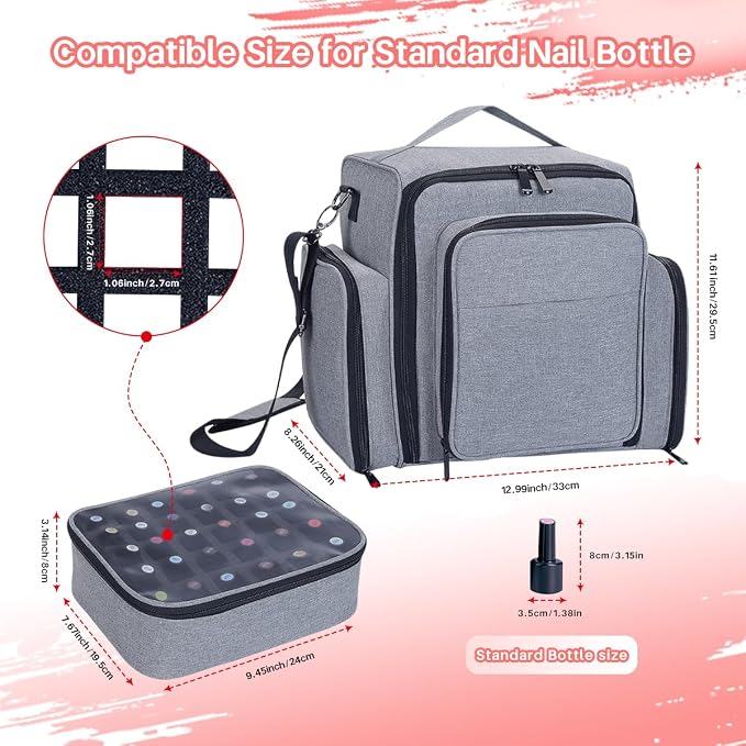 Nail Polish Organizer Case Hold 90 Bottles with 3 Detachable Bag,Grey | Portable Travel Storage Box Designed for Women's Nail Tools, Essential Oils and Cosmetics Sets - Image 4