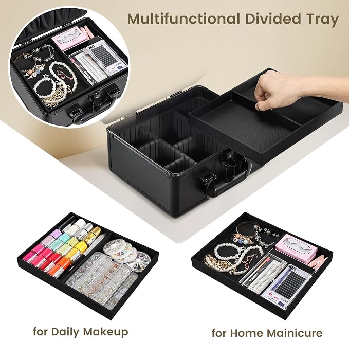 Faquenc Makeup Case with Lighted Vanity Mirror, Makeup Organizer Box Travel Make up Case with LED Mirror Portable Cosmetic Train Case for Countertop Lockable Makeup Suitcase with Adjustable Dividers - Image 5