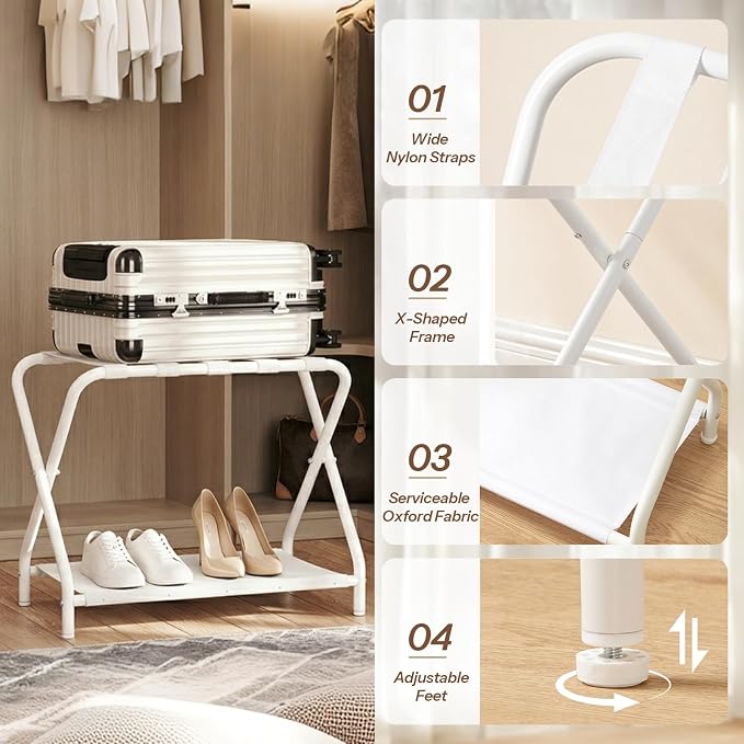 HOOBRO Luggage Rack, Folding Suitcase Stand with Fabric Storage Shelf for Guest Room, Bedroom, Hotel, Holds up to 100 lb, 27 x 15.3 x 22 Inches, Space Saving, White WT04XL01 - Image 6