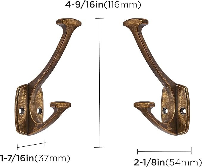 5 Pack Antique Brass Hooks Decorative Heavy Duty Solid Large Coat Hooks for Towel Hanging Coats Robe Wall Mounted Towel Bags Door Back Bathroom Wall Hook. - Image 2