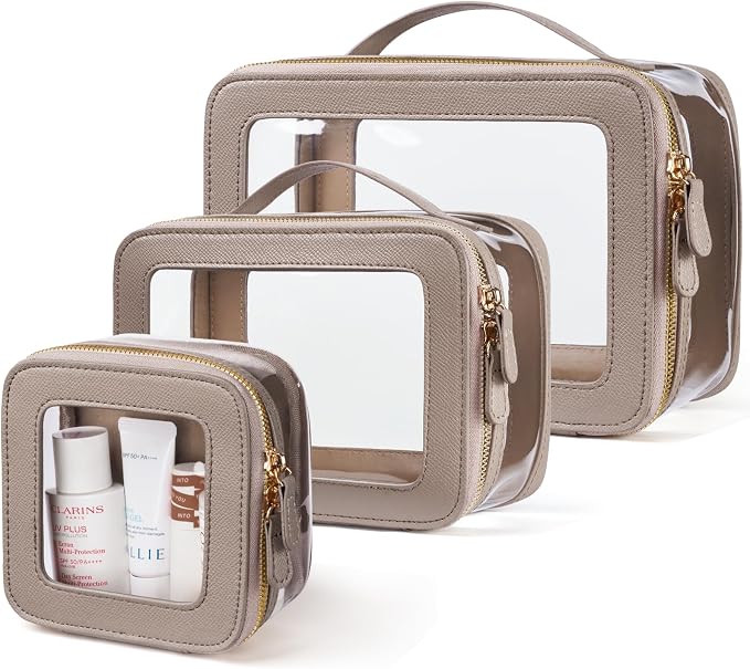 Clear Cosmetic Bag Set for Women Makeup Bag with Handle, 3 Pcs Travel Toiletry Bag Transparent Cosmetic Case Portable Make Up Organizer Bag for Essentials (Stone, Mini+S+L) by Oaque
