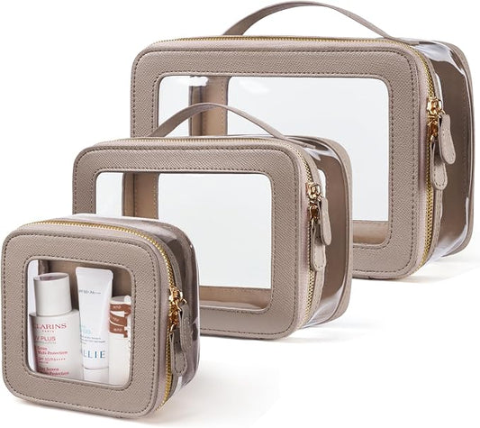 Clear Cosmetic Bag Set for Women Makeup Bag with Handle, 3 Pcs Travel Toiletry Bag Transparent Cosmetic Case Portable Make Up Organizer Bag for Essentials (Stone, Mini+S+L) by Oaque