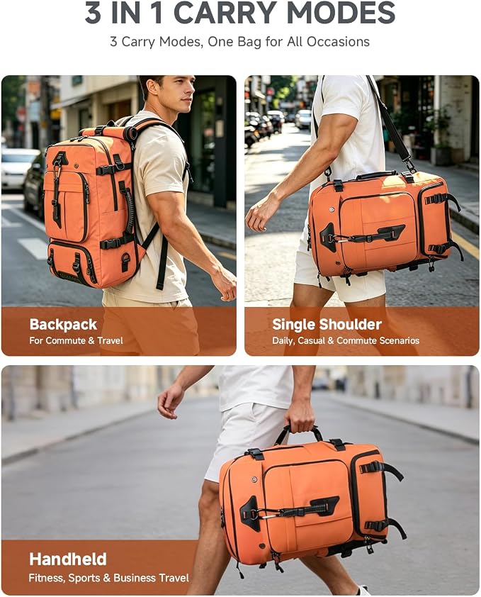 Travel backpack for men,40L Large Carry on Backpack Durable Convertible Duffle Bag with Shoe Compartment Fit for 16 Inch Laptop for travel, camping,Weekender Hiking Orange - Image 2