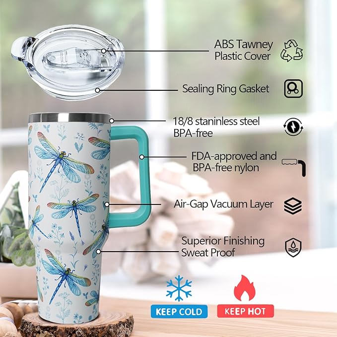30 oz Dragonfly Stainless Steel Tumbler with lid and Straw CoffeeTravel Mug Cup Water Botter, Dragonfly Gifts for Women
