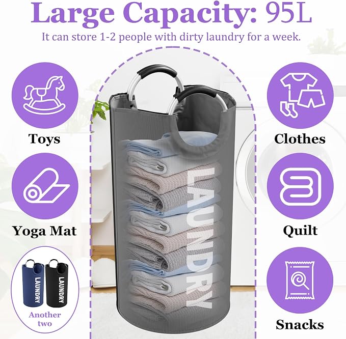 Laundry Basket 3PCS, 95L Large Clothes Hamper with Handle, Foldable Laundry Bag for Kids Room, Bathroom, Dorm, Portable Washing Bin for Home Organization, Black + Gray + Navy Blue - Image 3