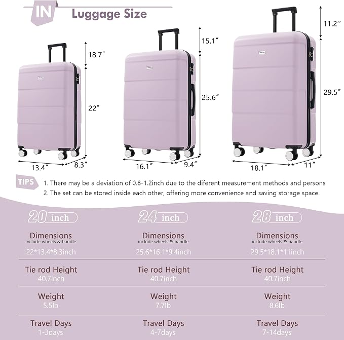 Merax Luggage Sets of 3 Piece Carry on Suitcase Airline Approved, | Hardcase Suitcase Set with Double Spinner Wheels,20+24+28 inch - Image 2