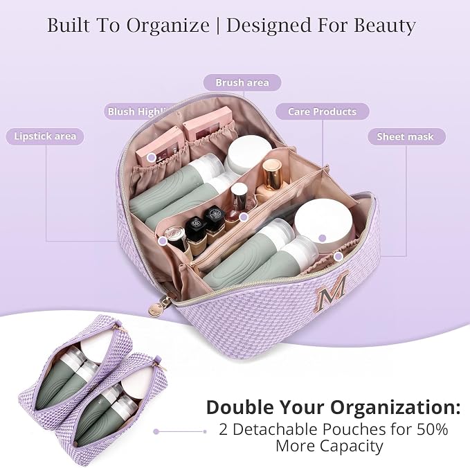 Personalized Gift Travel Makeup Bag: Initial Makeup Organizer Bag for Women | 3-in-1 Custom Make up Bag Set - Vegan Leather Travel Cosmetic Bag - Luxury Gift for Women – Birthday, Anniversary, Graduation - Image 3
