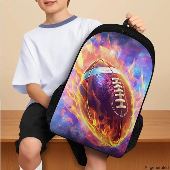 Galaxy Football Backpack for Boys Kids Backpack with Lunch Box Water Bottle Holder with Strap and Soft Pencil Case 4PCS Set Bookbag with Compartments for School 17" Sturdy School Bag for Girls - Image 3
