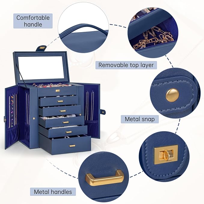 AKOZLIN 6-Tier Jewelry Box Organizer Functional 5 Drawers Leather Jewelry Storage Case for Women Girls Ring Necklace Earring Bracelet Holder Organizer with Mirror Extra Large Blue - Image 2