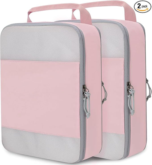 Extra Large Compression Packing Cubes, 2 Set Compression bags for Travel Packing Organizer, Expandable Compression Cubes for Travel, Pink Mesh by CALACH