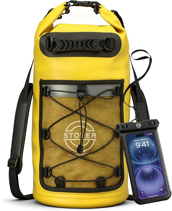 STOVER 5/10/25/30/40L Waterproof Dry Backpack & Phone Case- Large Floating Dry Bag for Kayaking, Travel, Hiking, Fishing, Camping, Motorcycles & Beach, Heavy-Duty Roll Top Men/Women (Yellow) by STOVER