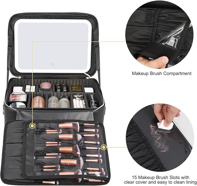 Chomeiu Makeup Bag with LED Mirror, Large Train Case for Makeup Artists, 16.2 inches Travel Professional Cosmetic Organizer with Light Up Mirror, 3 Color Lights, Adjustable Dividers & Shoulder Strap - Image 5