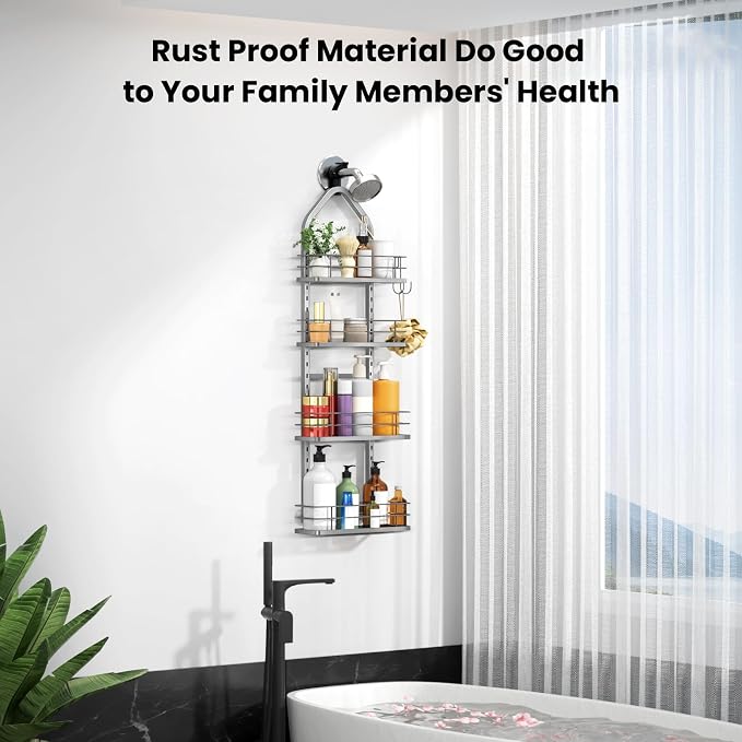 Shower Caddy Hanging (Silver), Adjustable Anti-Swing-Over The Shower Head Caddy, 4 Tier Height Bathroom Storage Organizer Bathroom Shelves Basket Rack Shower Caddies (4Tier) - Image 3