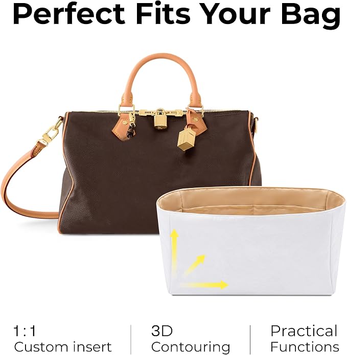 Tote Bag Organizer Insert for LV Soft Speedy Dark Handbag,Custom Fit Inside Premium Vanile Lightweight WaterResistant Purse Insert with Cup Holder Accessories - Image 3