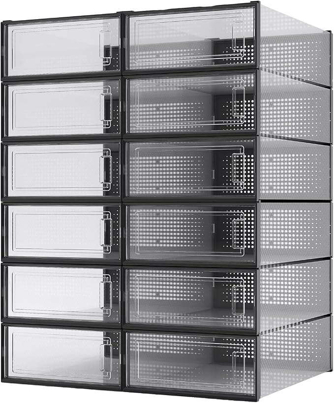 12-Piece Boot and Shoe Storage Box, Stackable Clear Plastic Shoe Box, Space-Saving Shoe Organizer for Boots, Sneakers, and High Heels, Black - Image 9