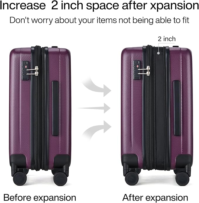 Hanke 20 Inch Expandable Carry on Luggage 22x14x9 Airline Approved Lightweight PC Hard Shell Suitcases with Wheels Tsa Luggage Rolling Suitcase Travel Luggage Bag for Weekender(Purple) - Image 3
