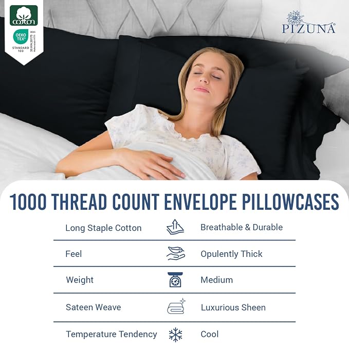 Pizuna 100% Cotton Pillow Cases King Size Set of 2 Luxury 1000 Thread Count Sateen Weave Long Staple Cotton Hotel Quality Envelope Closure Pillow Covers Fits King Pillows - Black - Image 2