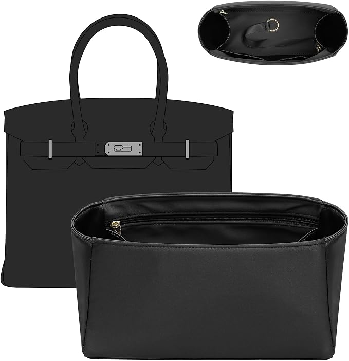 Doxo Luxury Satin Handbag Organizer Insert for Birkin 25 - Premium Smooth Fabric Birkin 25 Insert Organizer with Multicolor Options - Lightweight & Soft Touch - Fits Hermes Handbags (BR25, Black) by Doxo