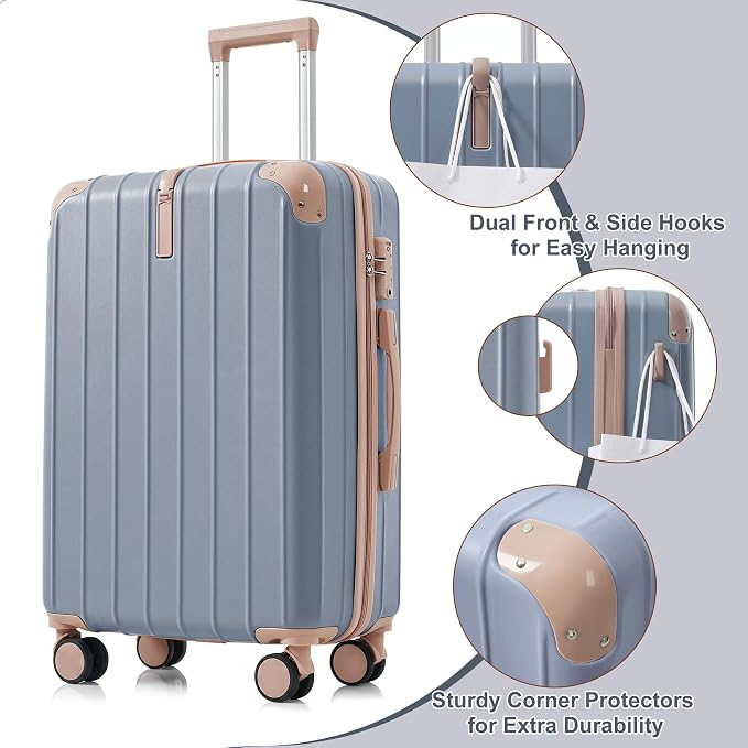 Hardside Luggage Sets, Lightweight Stripes Suitcase with Spinner Wheels, Blue - Image 5