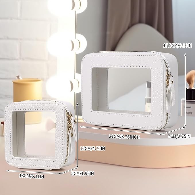 Pinkmik Clear Makeup Bag Waterproof Travel Case for Cosmetics and Toiletries Women's Purse Organizer and Clear Car Bag with Zipper (White, M+MINI) - Image 4